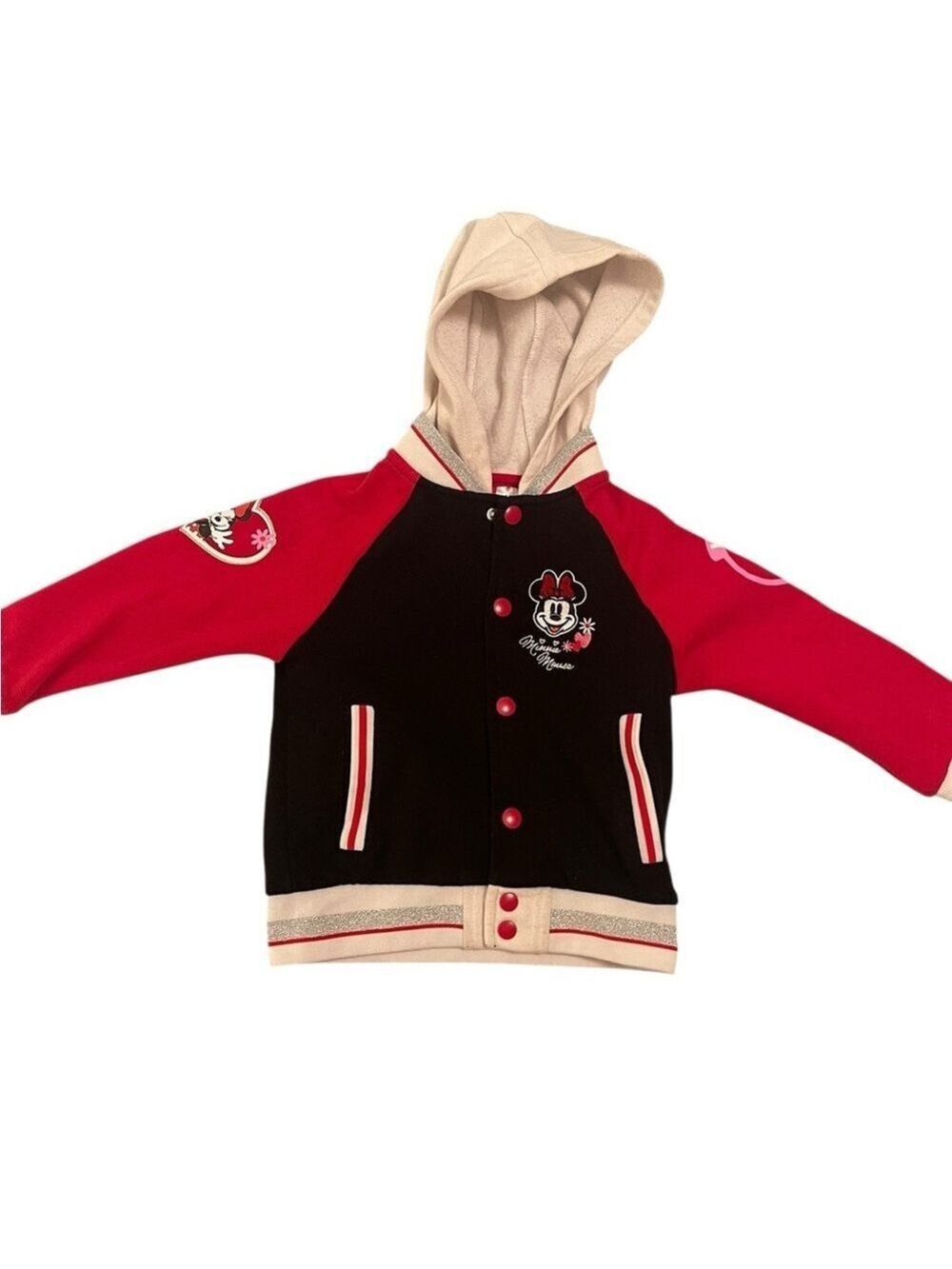 Disney Minnie Mouse Varsity Jacket With Hood Girls Black Red White Size: 5